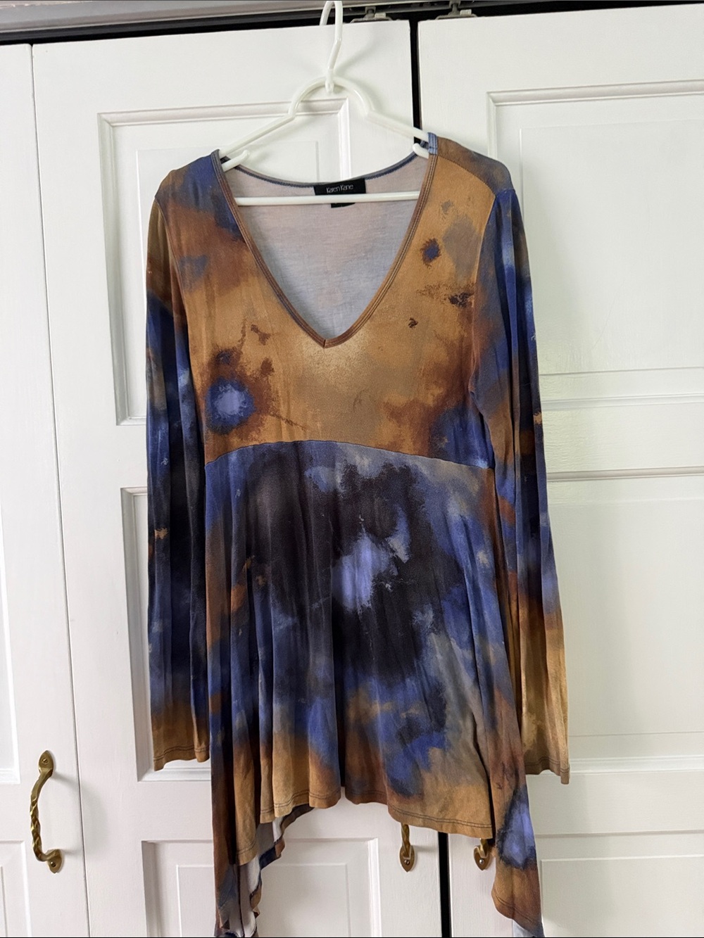 Karen Kane Brown and Blue Tie-Dye V-Neck Tunic Top